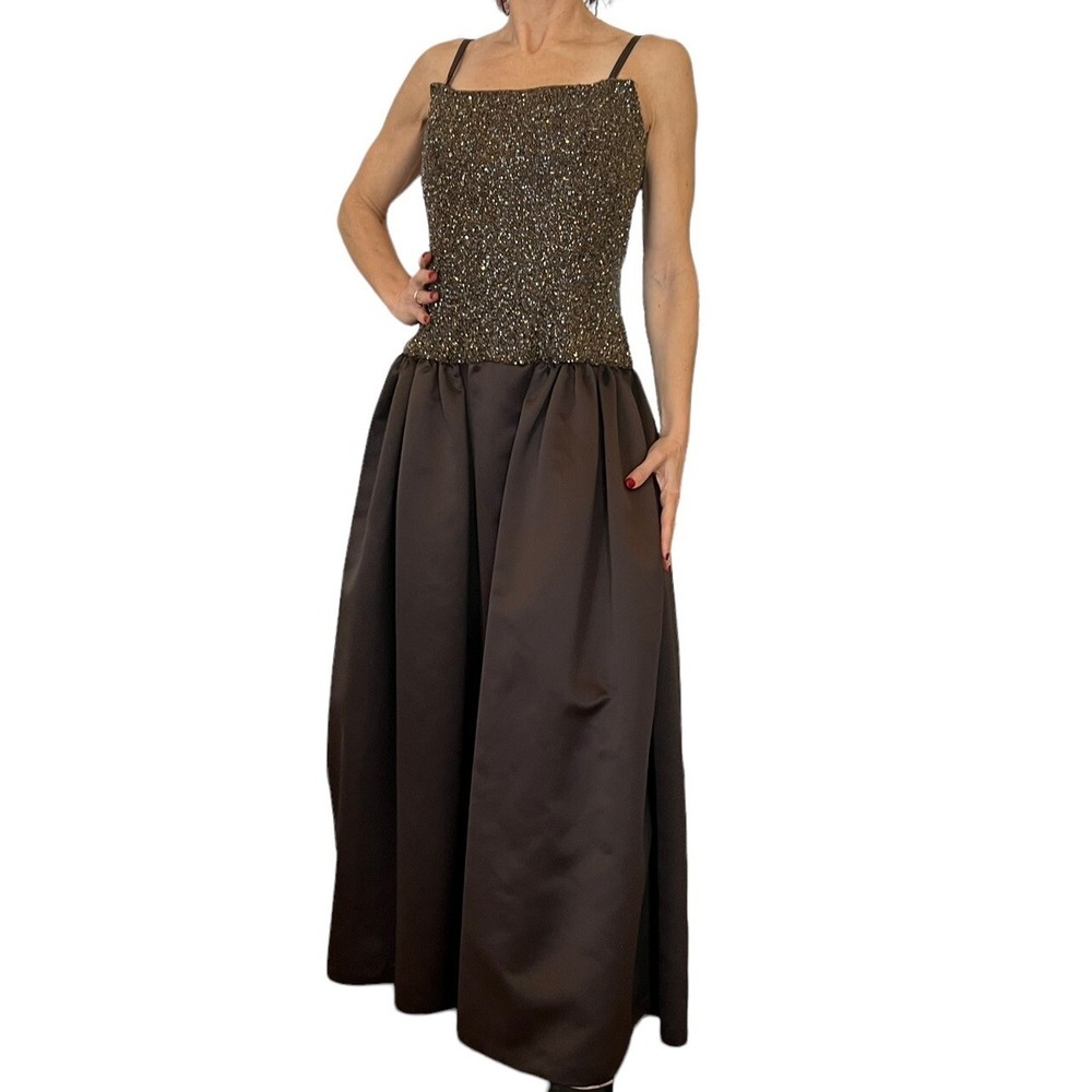 BOB MACKIE ‎ VINTAGE BOUTIQUE 80'S SLEEVELSS BROWN BEADED SATIN EVENING GOWN S